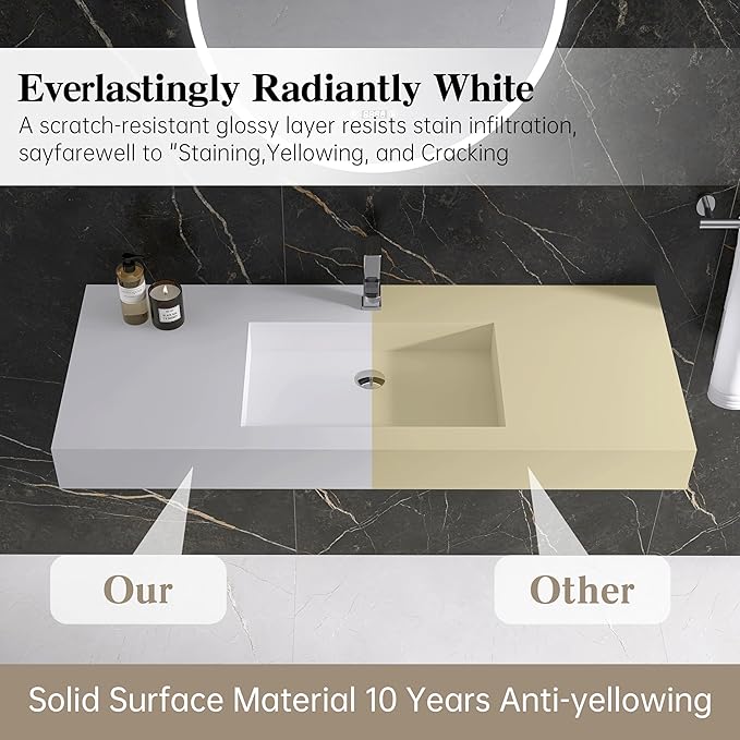 47" Wall Mount Sink Matte Bathroom Vanity Vessel Sinks Artificial Stone Rectanglee Indoor Outdoors Modern Floating or Countertop Freestanding Wall Hang Sink Bowl… (single Holes 47'')…