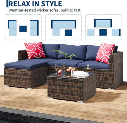 GAOMON 5-Piece All-Weather Patio Furniture Set, Convertible Outdoor Sectional Sofa with Ottoman & Tempered Glass Table, PE Rattan Conversation Set for Garden, Backyard, Porch, Poolside