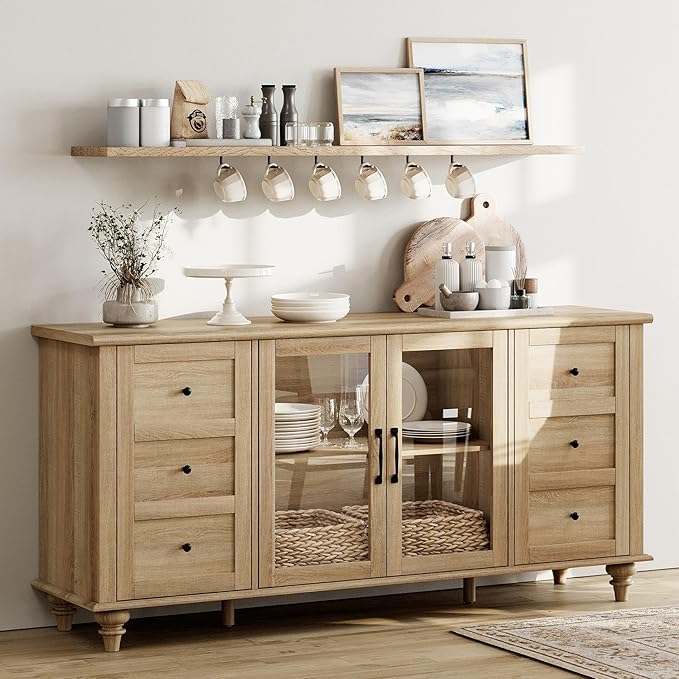 WAMPAT Farmhouse Sideboard Buffet Cabinet with Glass Door & Adjustable Shelf, Wooden Coffee Bar Table with Solid Wood Leg, Kitchen Storage Cabinet for Dining Room, Oak, 58 Inch