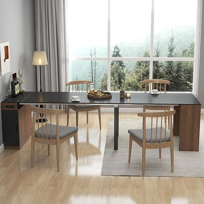 Modern Extendable Dining Table for 4-6 People with Outlet, Multifunctional Foldable Dinner Kitchen Table with Storage, Walnut+Black