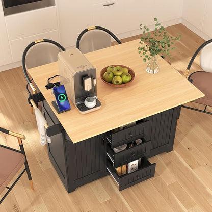 Modern Dining Table 55.7'' Large Kitchen Island with 2 Drop, Rolling Cart on 5 Wheels with Power Outlet, Folding Dining Table with Spice & Towel Rack for Kitchen Living Room,Black-MDF
