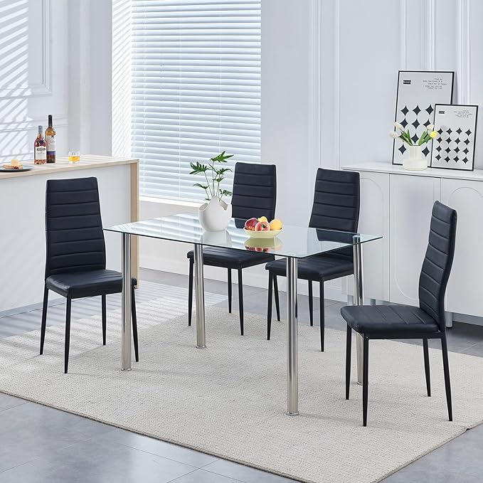 Glass Dining Table for 4-6, Modern Dining Room Table with 51.2" Clear Tempered Glass top and Chrome Silver Legs for Kitchen, Small Space