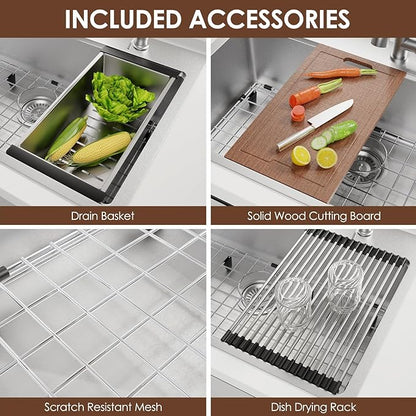 33x22 Inch Kitchen Sink Black Drop In Stainless Steel Kitchen Sinks 16 Gauge Single Bowl Workstation Luxury Top Mount Sink with 6 Accessories Include Glass Rinser (Brushed Nickel)