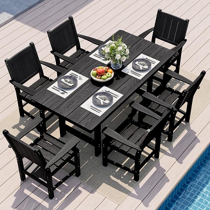 Pamapic 7 PCS Outdoor Dining Set, Spacious HDPE Outdoor Table and Chairs, Wood Grain Patio Furniture Sets with Elegant Armrest, All-Weather Patio Dining Table with Umbrella Hole, Black