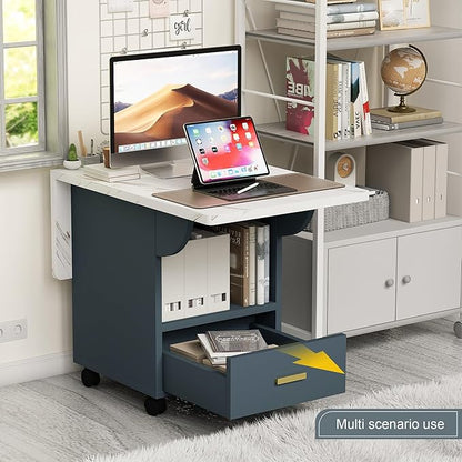Wood Folding Dining Table with Wheels Convertible Space Saving Kitchen Island Desk Extendable Mobile Drop Leaf Console Workstation Storage Shelves Drawer Engineered Marble Texture Top Multifunction