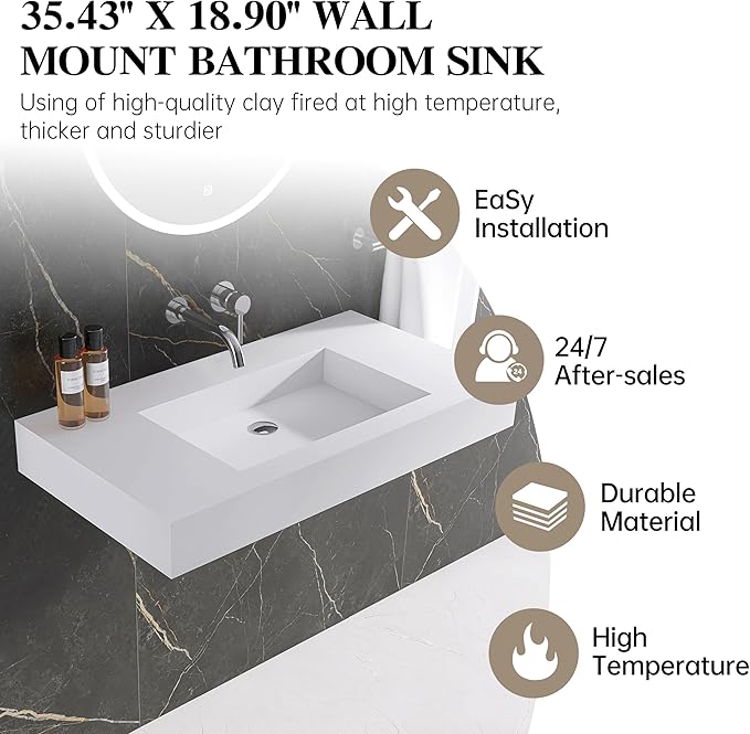47"X19" Wall Mount Sink Matte Bathroom Vanity Vessel Sinks Artificial Stone Rectanglee Indoor Outdoors Modern Floating or Countertop Freestanding Wall Hang Sink Bowl… (without Holes 47'')