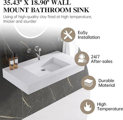 47"X19" Wall Mount Sink Matte Bathroom Vanity Vessel Sinks Artificial Stone Rectanglee Indoor Outdoors Modern Floating or Countertop Freestanding Wall Hang Sink Bowl… (without Holes 47'')