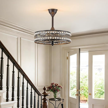 Chandelier Ceiling Fan with Light, Vintage Crystal Victorian Art Deco Elegant Fandelier, Caged Bladeless Enclosed Drum Pendant Light Fixture for Dining Room, Bedroom, Kitchen Island, Entryway