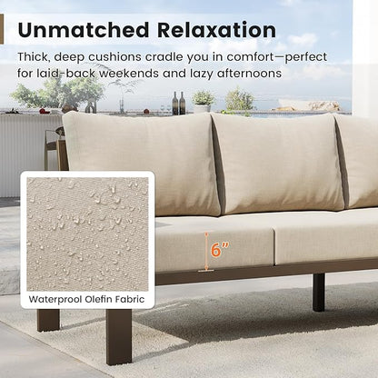 UDPATIO 6 Piece Patio Furniture Set, Metal Outdoor Sectional Sofa with 6" Thick Olefin Cushions, Wide Armrest & Coffee Table, L Shaped Outdoor Furniture for Garden, Backyard Beige
