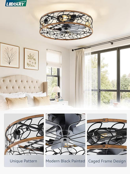 LEDIARY 23 Inch Caged Ceiling Fans with Lights, Farmhouse Flush Mount Ceiling Fan with Remote, Large Low Profile Ceiling Fan Light Fixture for Bedroom, Kitchen, Dining Room