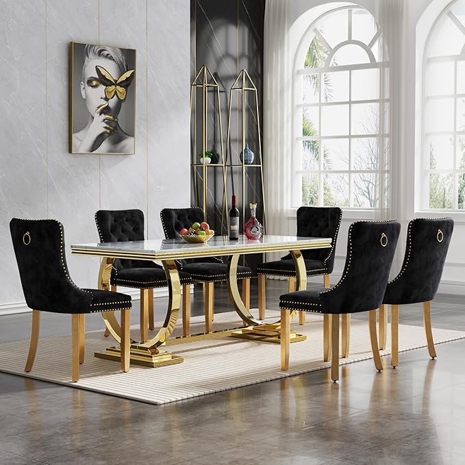 68" White Gold Marble Dining Table, Modern Kitchen Table with 0.79" Faux Marble Tabletop and Mirrored Stainless Steel Frame, Luxurious Rectangular Dining Room Table for Kitchen(No Chairs)