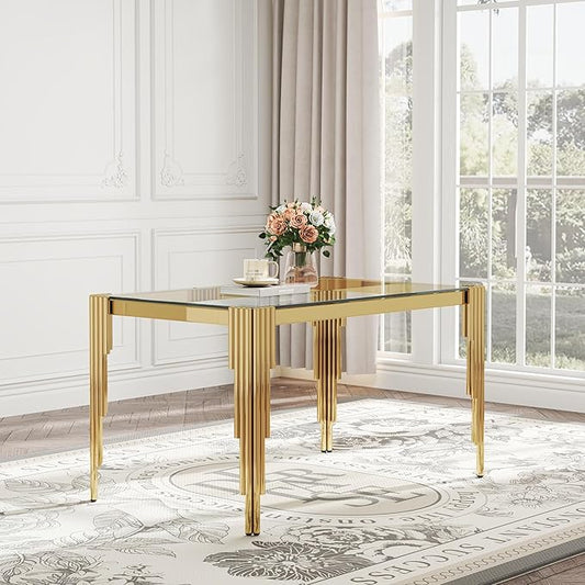 Modern Rectangle Glass Dining Table for 4-6 People, 53" Clear Tempered Glass Desktop with Gold Mirrored Stainless Steel Legs for Apartments, Dinner, Home Office