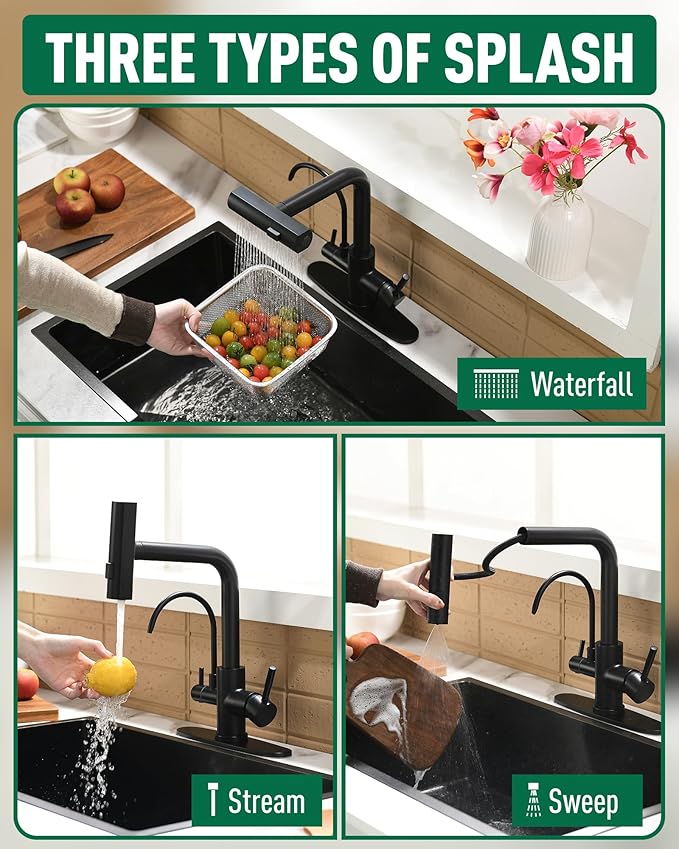 Fapully Pull-Down Kitchen Faucets, Matte Black 3 Way Kitchen Sink Faucet with Pull Down Sprayer and Drinking Water Faucet, Include Deck Plate for 1 or 3 Holes