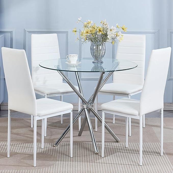 Round Glass Dining Table,Clear Kitchen Table with Tempered Glass Tabletop and Tripod Chrome Legs,Round Glass Table for Restaurant/Dining Room 35.43" D x 35.43" W x 29.5" H (Silver- 4 Legs)