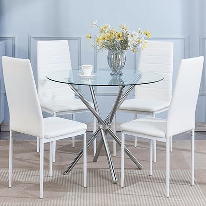 Round Glass Dining Table,Clear Kitchen Table with Tempered Glass Tabletop and Tripod Chrome Legs,Round Glass Table for Restaurant/Dining Room 35.43" D x 35.43" W x 29.5" H (Silver- 4 Legs)