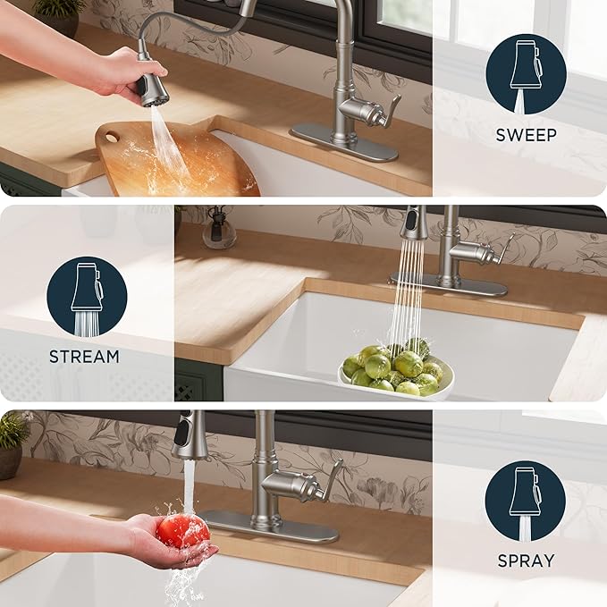 FORIOUS Antique Kitchen Faucets with Pull Down Sprayer Brushed Nickel, 3 in 1 Stainless Steel High Arc Single Handle Sink Faucet for Farmhouse Camper Rv Bar, Fit for 1 or 3 Hole