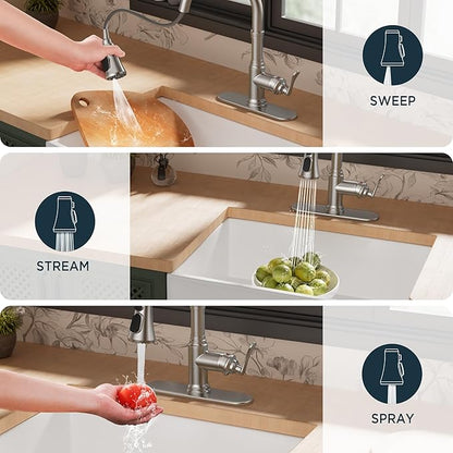 FORIOUS Antique Kitchen Faucets with Pull Down Sprayer Brushed Nickel, 3 in 1 Stainless Steel High Arc Single Handle Sink Faucet for Farmhouse Camper Rv Bar, Fit for 1 or 3 Hole