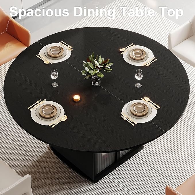 IBF Black Round Dining Table for 4-6, 47" Kitchen Table with Fridge Space, Modern Dining Room Tables with Storage, Industrial Wood Dinner Tables for Home Kitchen Living Room, Black Oak, Only Table