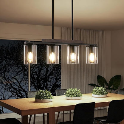 Mecgirn Farmhouse Dining Room Light Fixtures Over Table, Black Pendant Lights for Kitchen Island, 4 Light Linear Chandelier Lighting with Wood