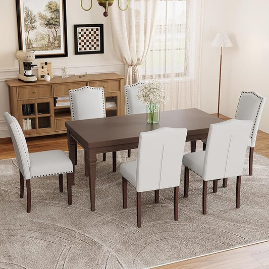 MALOL Dining Chairs Set of 6, Soft Comfortable Upholstered Parsons Dining Chairs with High-Density Cushion, Solid Wood Legs & Nailhead Trim, Ideal for Dining Room, Kitchen, Living Room – Beige