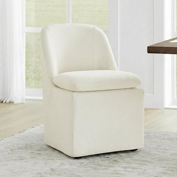 KISLOT Upholstered Dining Chairs Set of 1 with Casters, Modern Side Armless Deskchair with Washable Slipcover & Sturdy Metal Frame for Diningroom Bedroom Livingroom Reading Room, Beige Fabric