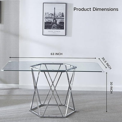 AXIOS 63 Inch Rectangle Glass Dining Table Tempered Glass Tabletop and Hexagonal Metal Base Design 63" Lx35.5 Wx30 H Modern Table Kitchen Table for 4-6 Home Kitchen, Dining Room (Silver)