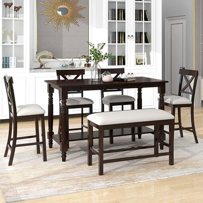 VilroCaz Modern Elegant 6-Piece Counter Height Kitchen Dining Table Set, Solid Wood 60'' Rectangle Table with Bottom Shelf, 4 Comfort Upholstered Chairs 1 Bench for Dining Room Restaurant (Espresso)