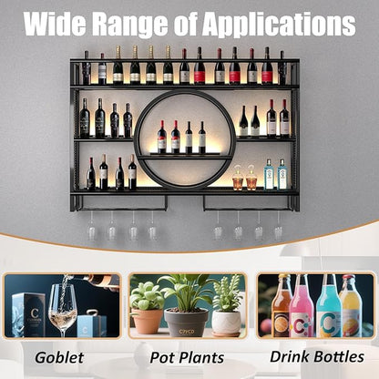 Metal Wine Rack Wall Mounted with LED Light, 3-Tier Bar Liquor Shelf with Wine Glass Holder, Modern Large Capacity Liquor Bottle Display Storage Shelf for Home Bar, Dining Room(Black, 120 * 80 * 15)