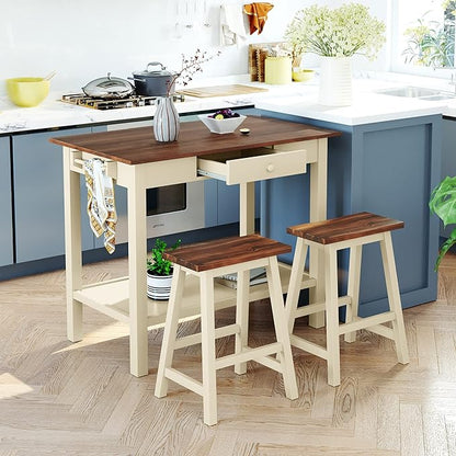 Dining Table Set, 3-Piece 42" Rubber Wood Kitchen Island Set, Dining Table with Drawer/Towel Rack/2 Stools, Suitable for Small Place (Walnut+Cream+3-Piece)