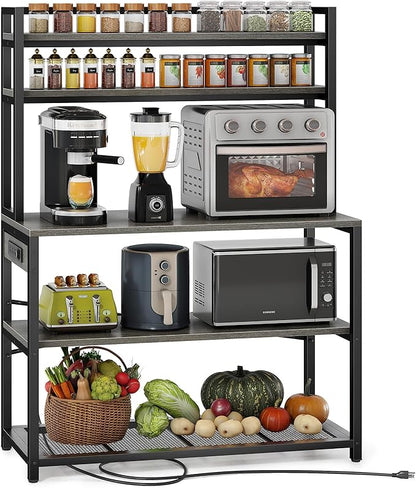 Denkee Large Bakers Rack with Power Outlets, 38 Inch Microwave Stand with Storage, 5-Tier Coffee Bar Stand, Industrial Kitchen Shelf Rack, Grey