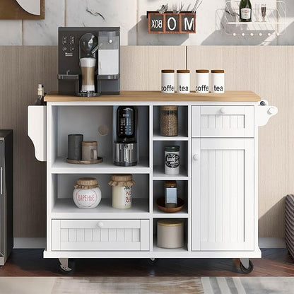 Kitchen Island Cart with Storage Cabinet and Two Locking Wheels, Microwave Cabinet, Solid Wood Desktop, Floor Standing Buffet Server Sideboard for Kitchen Room, Dining Room, Bathroom (White-JZP1)