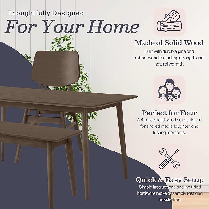 Alaterre Furniture Calais Dining – 4 Piece Dining Table Set for 4 with Chairs and Bench – Mid Century Modern 59-Inch Solid Wood Kitchen & Dining Room Table with Bench, and 2 Chairs (Walnut Finish)