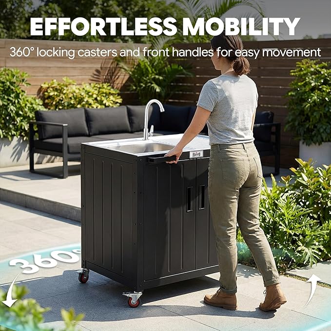 Feasto Outdoor Kitchen Island with Stainless Steel Sink and Storage Cabinet, 35-Inch BBQ Prep Station with Faucet & Lockable Wheels for Patio, Backyard, and Outdoor Cooking, Black & Silver