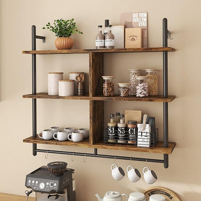 Bestier 41.5" Floating Shelves for Wall 3 Tier Kitchen Shelves Wall Mounted Coffee Bar Shelf Hanging Shelf with 8 Hooks, Industrial Display Pipe Shelving for Kitchen Living Room Bathroom, Rustic Brown