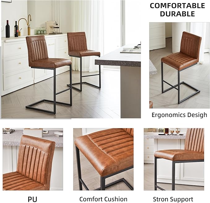 26" Counter Height Bar Stools Set of 2, Modern Upholstered Chairs with Vertical Tufted Backrest & Footrest, Metal Frame for Kitchen Island, Home Bar (Cognac PU Leather)