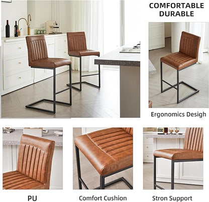 26" Counter Height Bar Stools Set of 2, Modern Upholstered Chairs with Vertical Tufted Backrest & Footrest, Metal Frame for Kitchen Island, Home Bar (Cognac PU Leather)