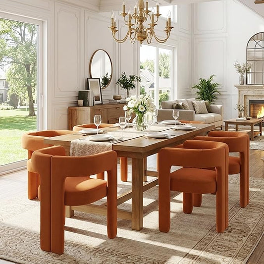 VESCASA Modern Barrel Dining Chairs Set of 6 with Open Back, Upholstered Velvet Accent Kitchen Armchairs with Wood Legs for Dining Room Reception Small Space, Orange