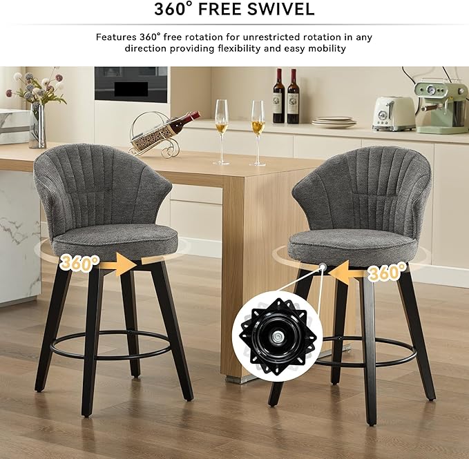 Wing Back Swivel Bar Stools Set of 2-25" Counter Height Adjustable Stools Chenille Upholstery, Leveling Feet for Kitchen Island, Home Pub or Dining Room,for Living Room
