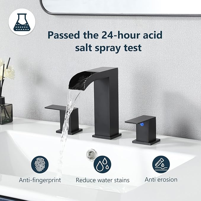 VCCUCINE Black Bathroom Faucet 3 Hole, 8 Inch Widespread Square Waterfall Bathroom Sink Faucet,Matte Black Vanity Bathroom Faucets for Vanity, Restroom, Commercial with Pop Up Drain and Supply Lines