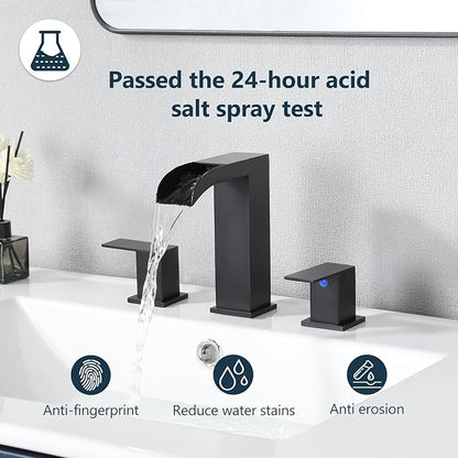 VCCUCINE Black Bathroom Faucet 3 Hole, 8 Inch Widespread Square Waterfall Bathroom Sink Faucet,Matte Black Vanity Bathroom Faucets for Vanity, Restroom, Commercial with Pop Up Drain and Supply Lines