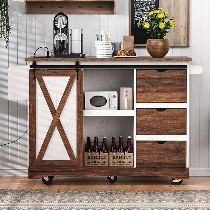 Ball & Cast Farmhouse Kitchen Island with Drop Leaf & Barn Door,Rolling Kitchen Cart on Wheels with Power Outlet,3 Large Drawers,Adjustable Shelf & Spice Rack,for Home,Kitchen,Dining Room,White,56"