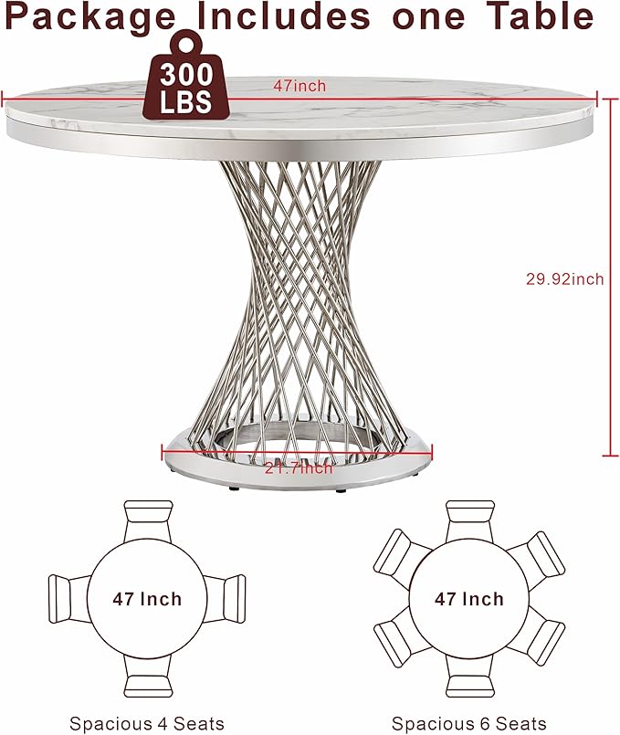 47" Round Marble Dining Table for 4-6, Luxury Modern Kitchen Table with Marble Grain MDF tabletop & Silver Mirrored Stainless Steel Pedestal Base, White Stone Dinner Table for Dining Room (Table Only)