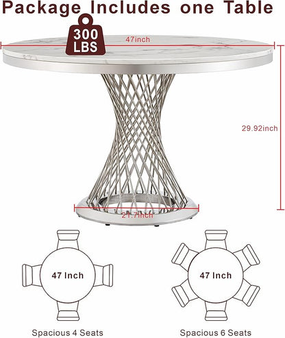 47" Round Marble Dining Table for 4-6, Luxury Modern Kitchen Table with Marble Grain MDF tabletop & Silver Mirrored Stainless Steel Pedestal Base, White Stone Dinner Table for Dining Room (Table Only)