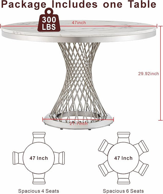 47" Round Marble Dining Table for 4-6, Luxury Modern Kitchen Table with Marble Grain MDF tabletop & Silver Mirrored Stainless Steel Pedestal Base, White Stone Dinner Table for Dining Room (Table Only)
