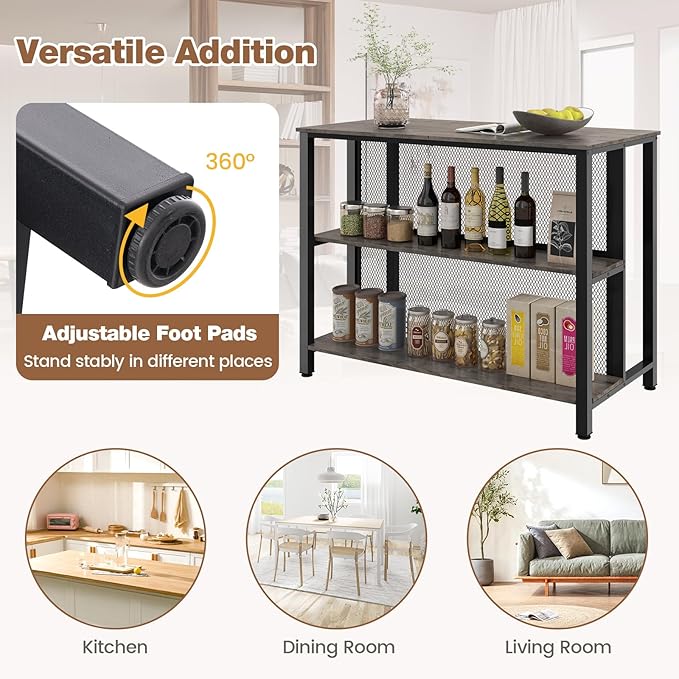 COSTWAY Home Bar Unit, 3-Tier Bar Table with Storage Shelves, Metal Frame, Adjustable Foot Pads, Breakfast Corner Bar Cabinet for Kitchen Island Dining Room (Grey)