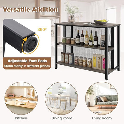 COSTWAY Home Bar Unit, 3-Tier Bar Table with Storage Shelves, Metal Frame, Adjustable Foot Pads, Breakfast Corner Bar Cabinet for Kitchen Island Dining Room (Grey)