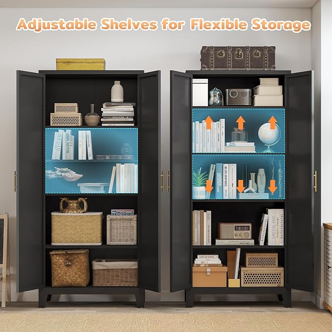 Zevemomo 70.87" H Metal Kitchen Pantry Cabinet, Freestanding Cupboard with 2 Doors and 4 Adjustable Shelves, Tall Metal Storage Cabinet for Kitchen, Bathroom, Dinning Room or Laundry Room （Black）