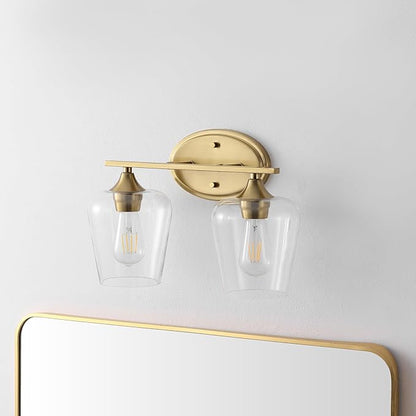 JONATHAN Y 15.75" Brass Gold 2-Light Farmhouse Rustic LED Vanity Light Sconce, Clear Glass Shade, Vintage Indoor Fixture for Bathroom Mirror, LED Bulb Included (JYL7546B)
