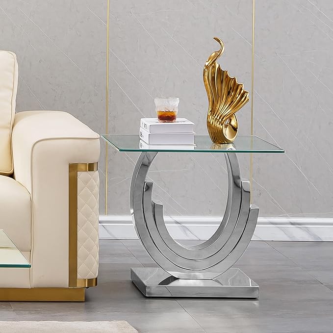 HomVent 22.83" Glass End Table, Living Room Tables, Modern Silver Tempered Glass Top Side Tables Bedroom, Square Small Bed Bedside Eating Table Nightstand for Home Office with Stainless Steel Base