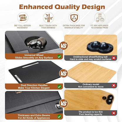 oy&Grace Appliance Slider for Kitchen Appliances 360° Rolling Sliding Tray for Coffee Maker Countertop, Bamboo Coffee Pot Slider Rolling Tray with Universal Rollers (Black, Medium 14.5" x 10")